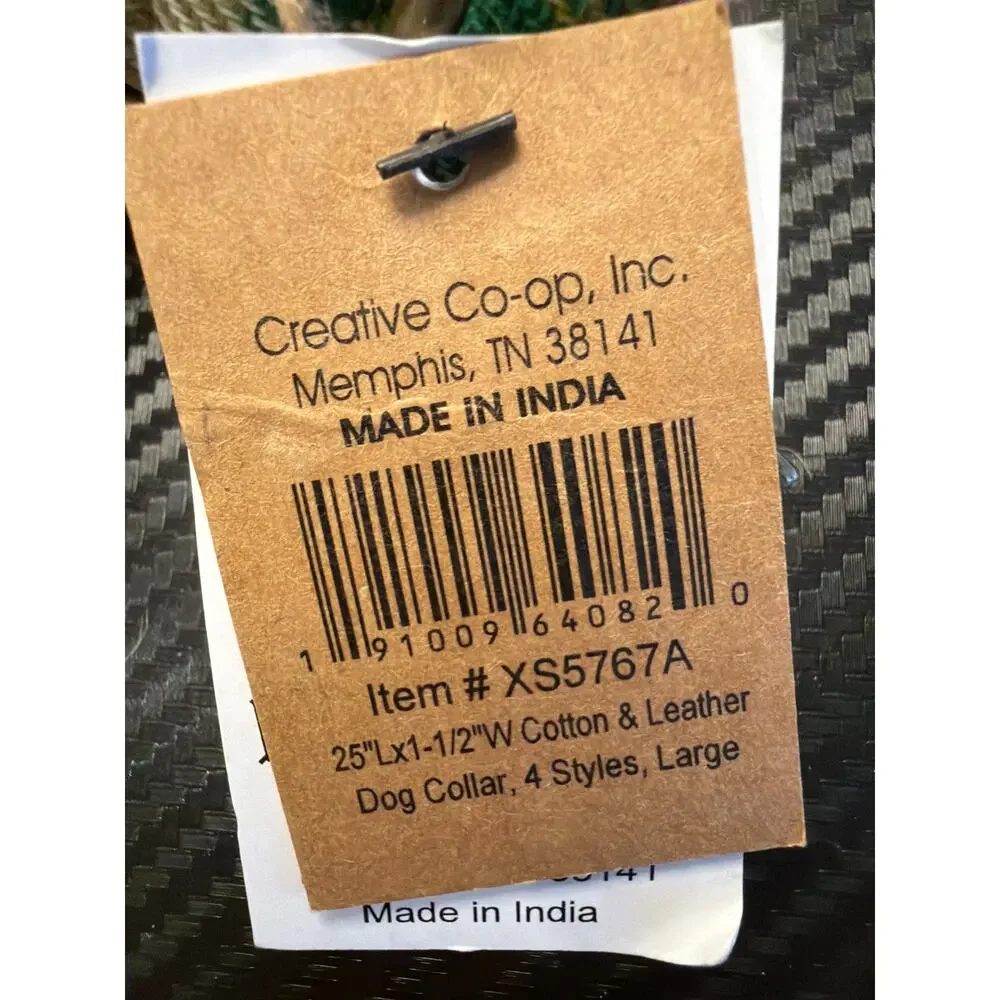 NWT Creative Co-op Cotton & Leather Large Green Plaid Dog Collar Item # XS5767A